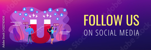 Generating new leads advertising strategy. Aiming at target audience. Attracting followers, follow us on social media, subscriber counting concept. Header or footer banner template with copy space.