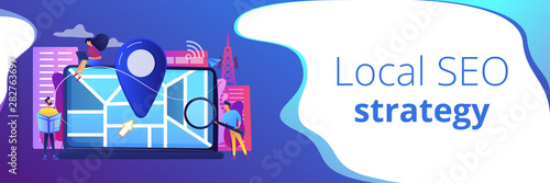 Digital GPS application for smartphones. Geotag sign on city map. Local search optimization, search engine targeting, local SEO strategy concept. Header or footer banner template with copy space.