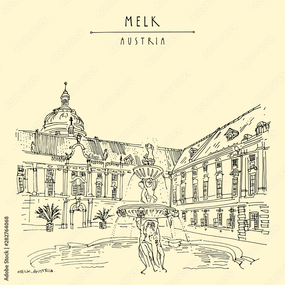 Melk, Lower Austria. Austria, Europe. Fountain at Prelate's Courtyard in Melk Benedictine Abbey. Hand drawing. Travel sketch. Vintage touristic postcard, poster, brochure, book illustration in vector
