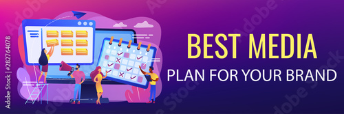 Time management, marketers teamwork. Media planning, media representation control, reach your client, best media plan for your brand concept. Header or footer banner template with copy space.