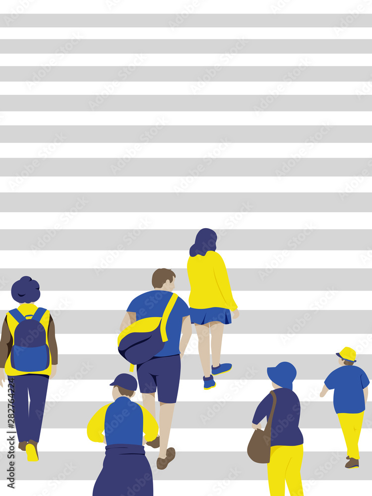 Back view of people crossing the street on crosswalk, in blue, yellow and brown tones Back view of people crossing the street on crosswalk, in blue, yellow and brown tones