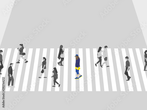 Lonely girl and people crossing the street on crosswalk, in blue, yellow and brown tones