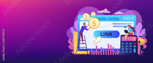 Business analytics, commerce metrics, SEO. Cost per acquisition CPA model, cost per conversion, online advertising pricing model concept. Header or footer banner template with copy space.