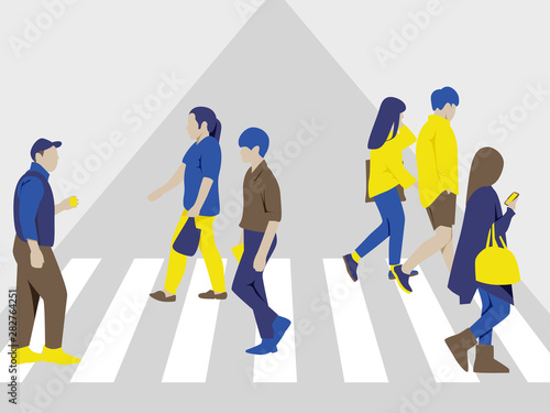 People crossing the street on crosswalk, in blue, yellow and brown tones