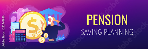 Earnings fund, budget calculating, social security. Retirement preparation, financial savings of retirees, pension saving planning concept. Header or footer banner template with copy space.