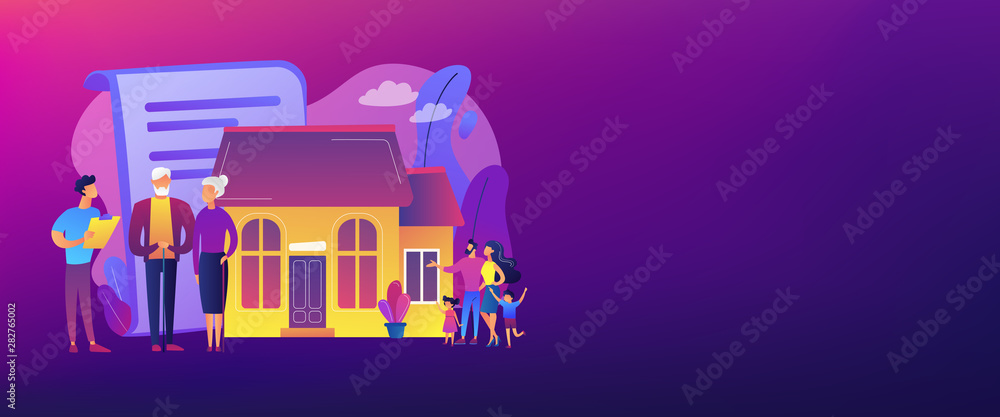 Property insurance, testament signing, house buying. Retirement estate planning, inheritance planning, financial advisor and lawyer services concept. Header or footer banner template with copy space.