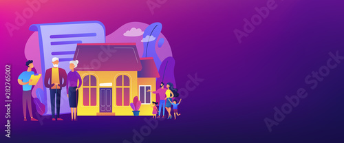 Property insurance, testament signing, house buying. Retirement estate planning, inheritance planning, financial advisor and lawyer services concept. Header or footer banner template with copy space.