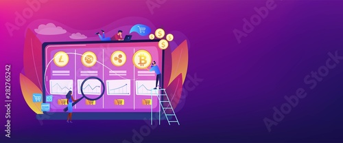 Economic data analysis, market value calculation. Cryptocurrency trading desk, bitcoin futures platform, official crypto exchange services concept. Header or footer banner template with copy space.