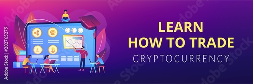 Financial literacy education, e business school. Cryptocurrency trading courses, crypto trade academy, learn how to trade cryptocurrency concept. Header or footer banner template with copy space.