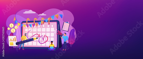 Colleagues preparing for corporate party. Time management, deadline. Brand event. Event brand management, sponsored event organization concept. Header or footer banner template with copy space.
