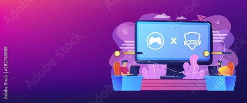 Cybersports competition. Branded game players playing. eSports collaboration esports partnership, esports and global brands cooperation concept. Header or footer banner template with copy space.