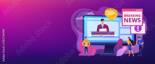 Press, mass media, broadcasting studio. Journalists, reporters characters. Hot online information, breaking news, headline news content concept. Header or footer banner template with copy space.