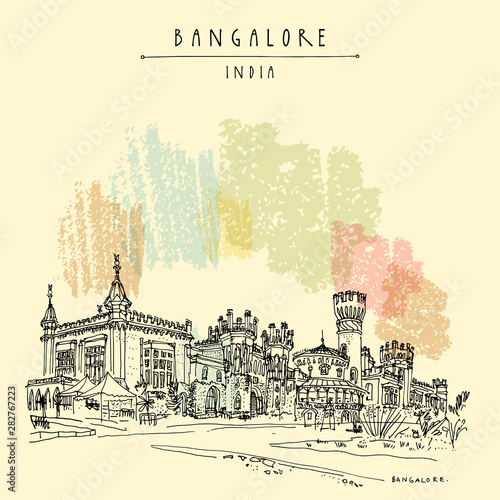 Bangalore, Karnataka, India. Beautiful Bangalore palace. Vintage hand drawn postcard