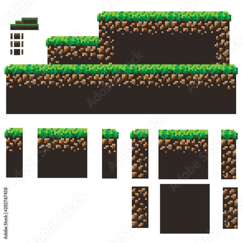 Pixel art Adventure 8 Bit game creator of ground, texture, grass. Set of Indie game Arcade elements for retro video game design