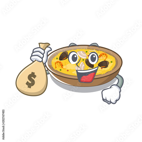 With money bag spanish paella served on mascot plate