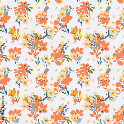 Abstract floral seamless pattern. Bright colors, painting on a light background. Cherry blossoms.