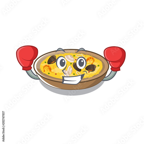Boxing spanish paella served on mascot plate
