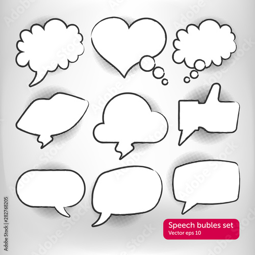 Vector hand drawn speech bubbles comic style set. Black and white isolated. The symbol usable for web site design, logo, app, UI, posters. Vector illustration, EPS10. 