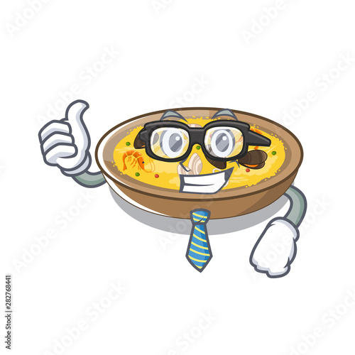 Businessman spanish paella cooked in cartoon skillet
