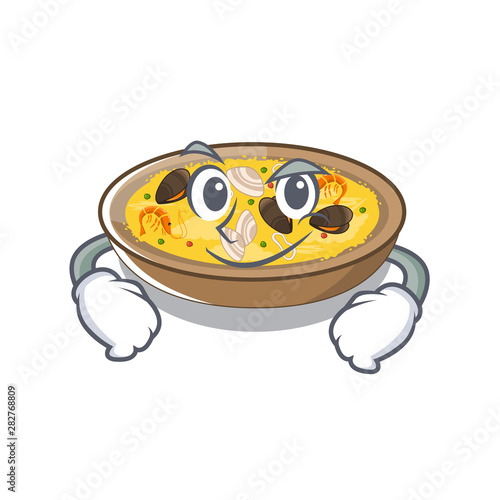 Smirking spanish paella cooked in cartoon skillet