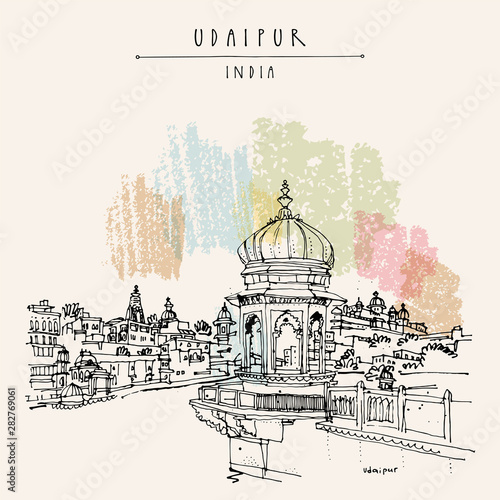View of Udaipur, Rajasthan, India. Hand drawn cityscape sketch. Travel art. Vintage artistic postcard