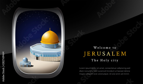 Al-Aqsa Mosque is an important mosque of Islam. View from window airplane. Calligraphy gold color is Al Quds (Jerusalem) on Black luxury background.
