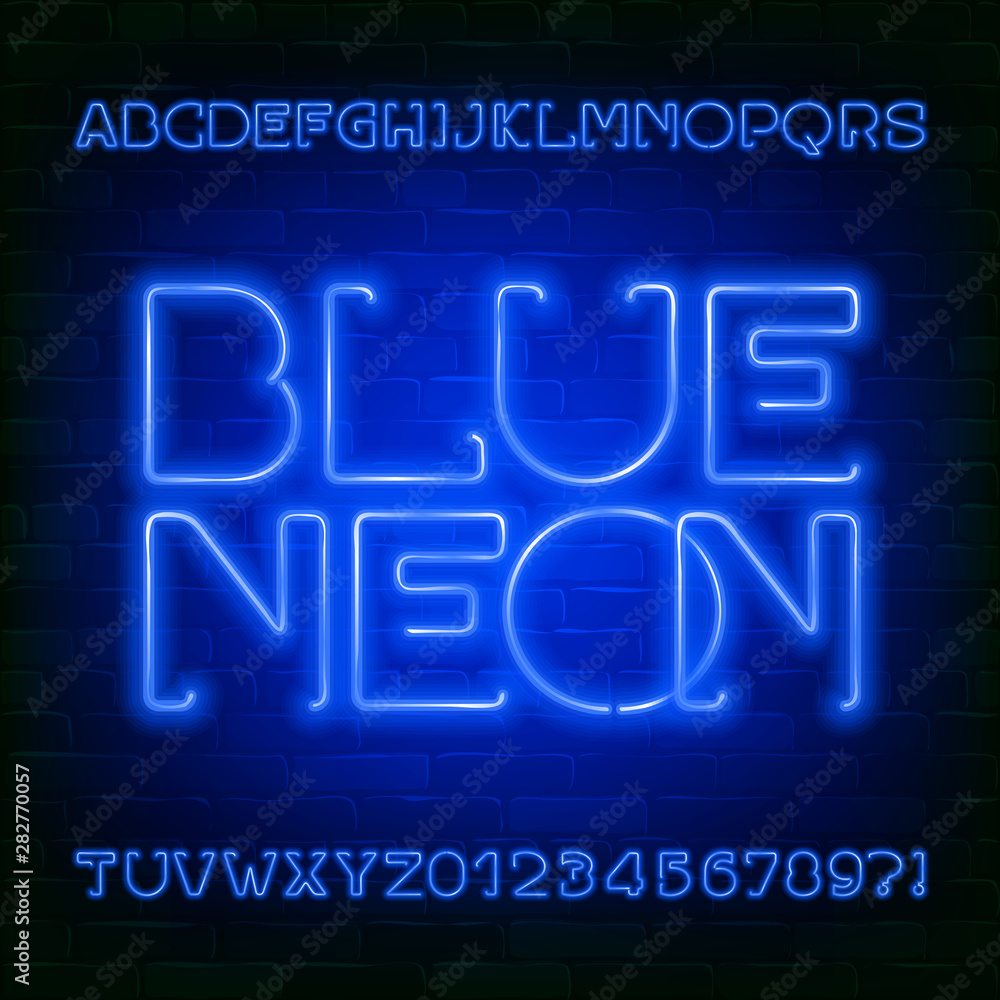 Blue Neon alphabet font. Futuristic light bulb letters and numbers on brick wall background. Stock vector typeface for your typography design. Blue Neon alphabet font. Futuristic light bulb letters and numbers on brick wall background. Stock vector typeface for your typography design.