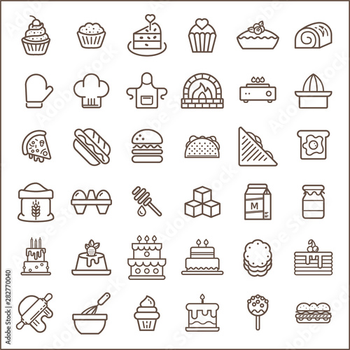 Set of bakery and dessert Icons line style. Included the icons as cake, cupcake, oven, kitchen tools, sandwich And Other Elements. customize color, easy resize.