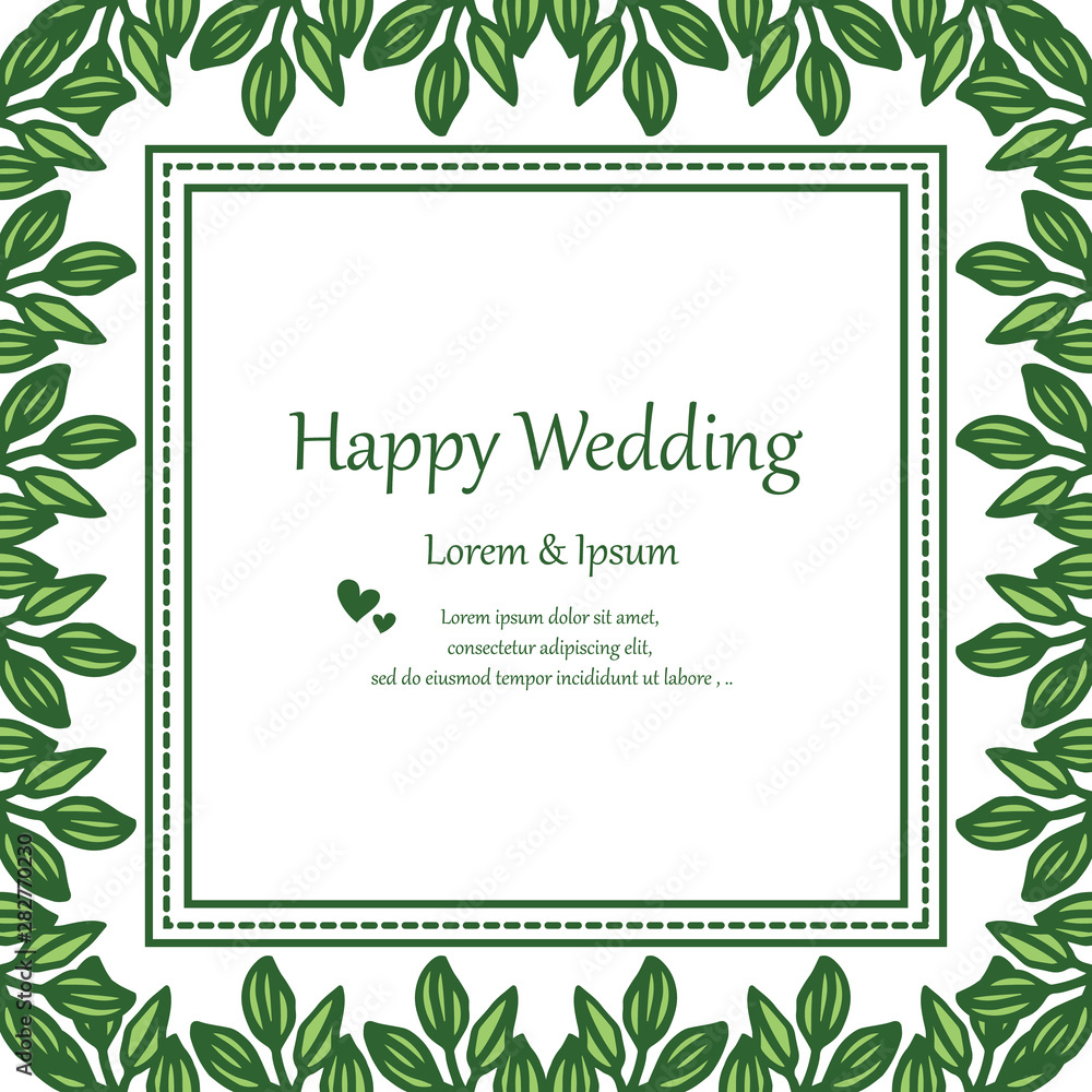 Lettering of happy wedding, greeting card design. Vector