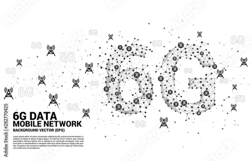 Vector Polygon dot connect line shaped 6G mobile network with antenna tower icon. Concept for telecom technology.