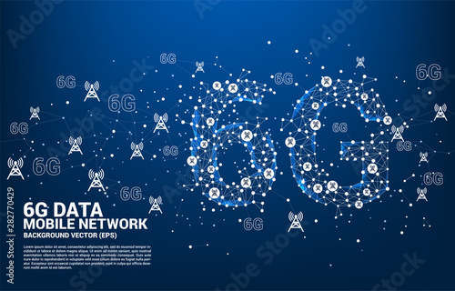 Vector Polygon dot connect line shaped 6G mobile network with antenna tower icon. Concept for telecom technology.