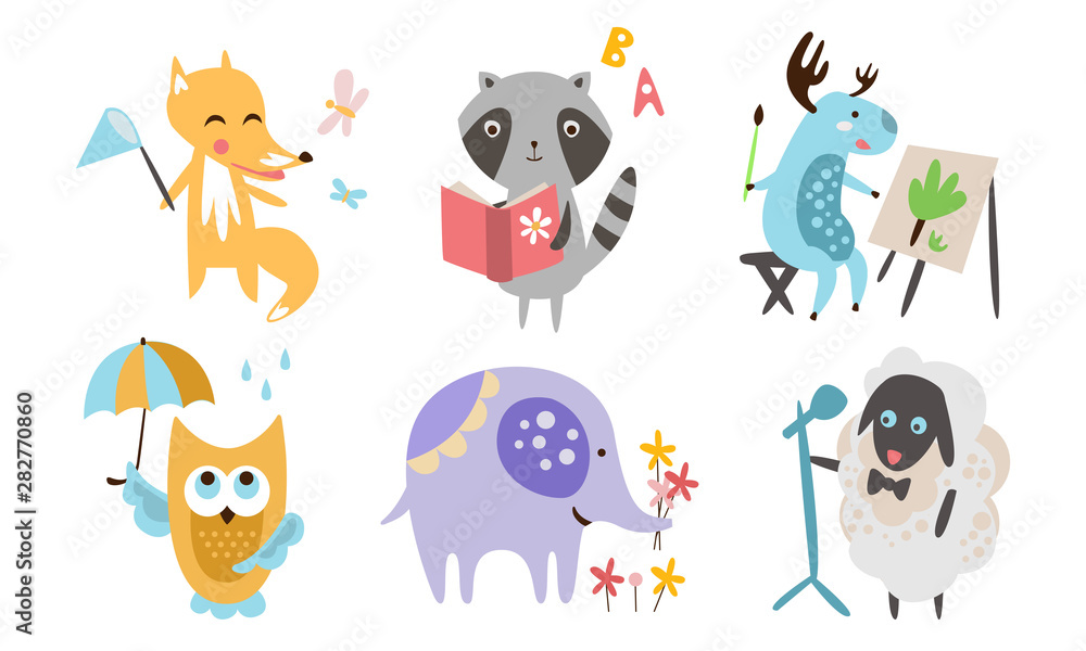 Cute Animals Different Activities Set, Adorable Humanized Animals Characters Playing, Reading Book, Painting, Walking, Singing Illustration Cute Animals Different Activities Set, Adorable Humanized Animals Characters Playing, Reading Book, Painting, Walking, Singing Illustration