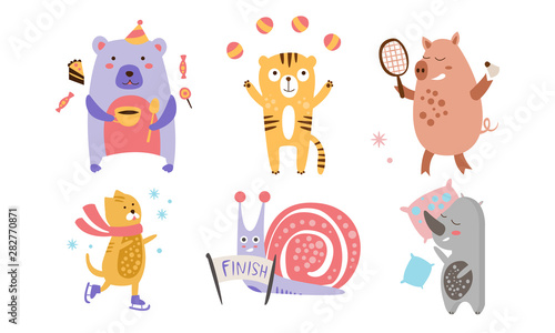 Cute Animals Different Activities Set, Adorable Humanized Animals Characters Engaged in Sports, Juggling, Sleeping, Eating Vector Illustration