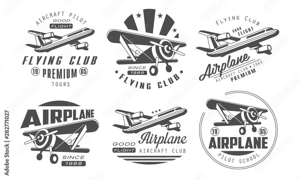 Flying Club Premium Logo Templates Set, Retro Aviation Aircraft Club Monochrome Badges Vector Illustration