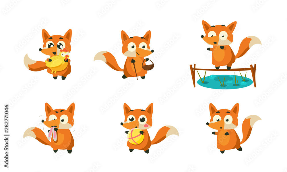 Cute Little Fox Doing Different Activities Set, Funny Forest Animal Character in Different Situations Vector Illustration