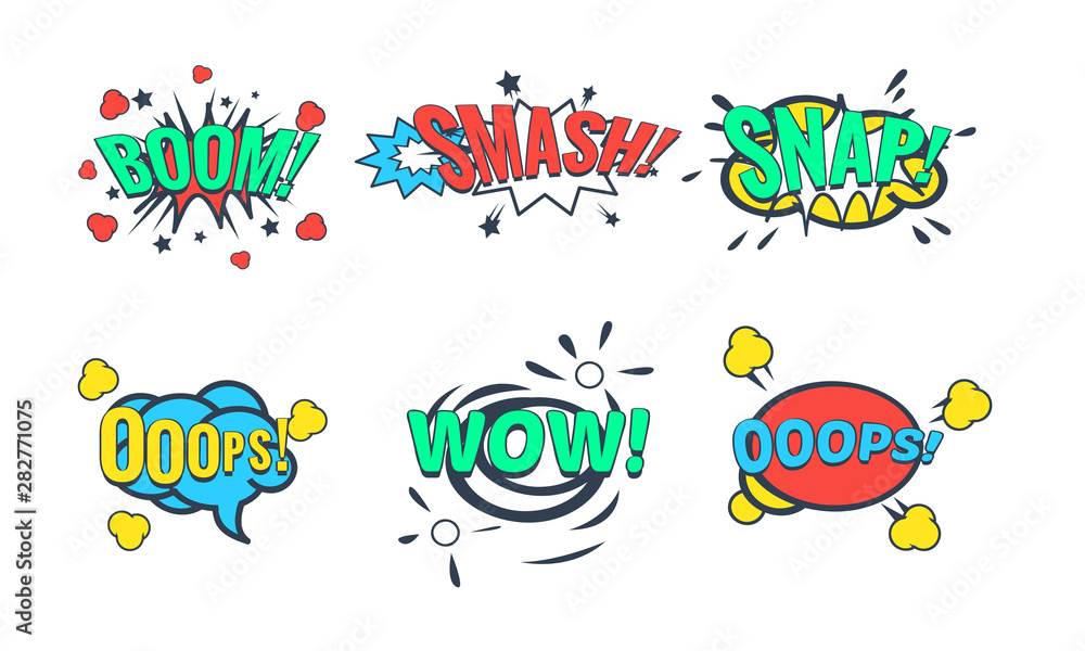 Comic Speech Bubble with Text Set, Comic Sound Effects, Wow, Boom, Snap, Smash Vector Illustration