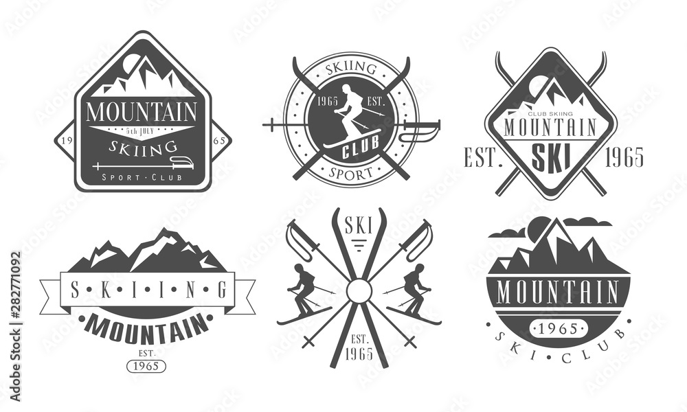 Mountain Skiing Retro Logo Templates Set, Skiing Sport Club Vintage Monochrome Labels Vector Illustration