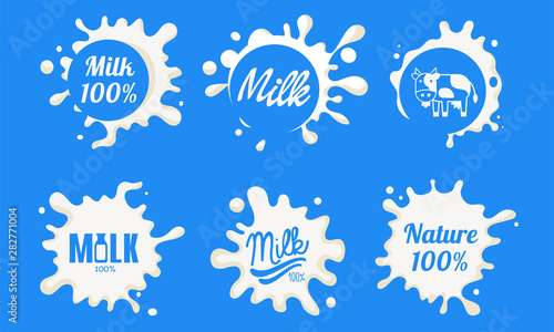 Natural Milk Logo Templates Set, Organic Dairy Product Labels Vector Illustration