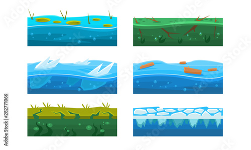 Fantasy Platforms Set, Water and Ice Textures for Mobile or Computer Games User Iinterface Vector Illustration