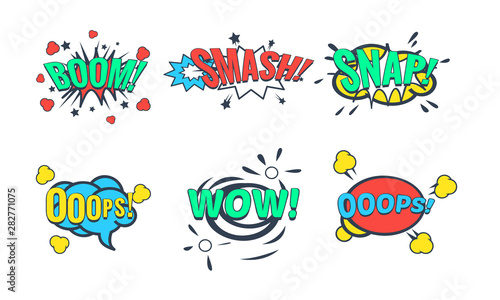 Comic Speech Bubble with Text Set, Comic Sound Effects, Wow, Boom, Snap, Smash Vector Illustration