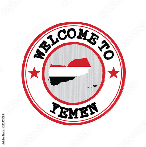 Vector stamp of welcome to Yemen with map outline of the nation in center.