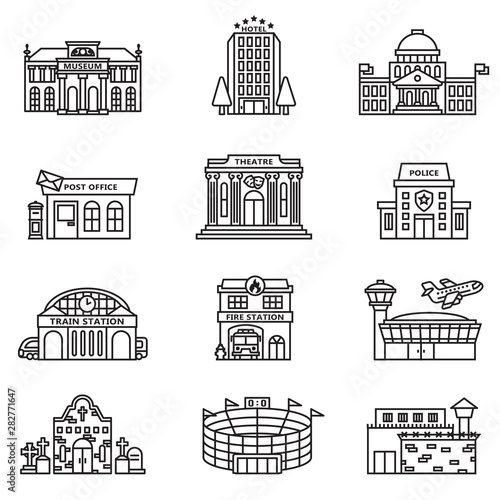 City building icons set with white background. Line Style stock vector.