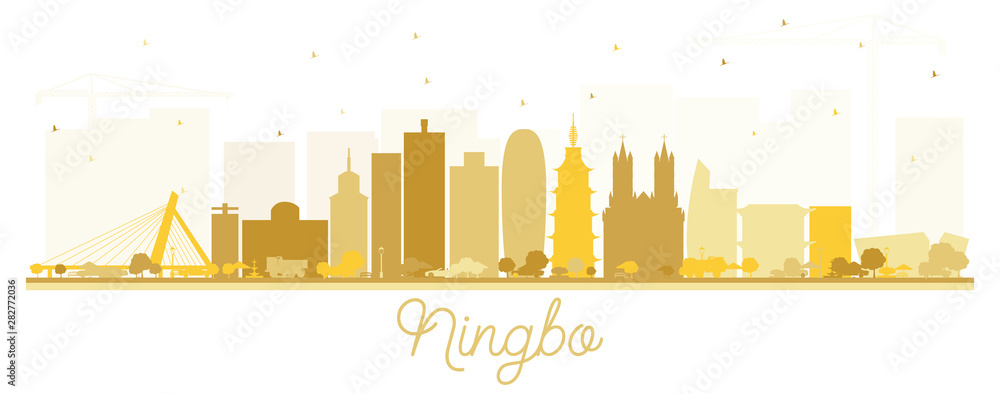 Ningbo China City Skyline with Golden Buildings Isolated on White.
