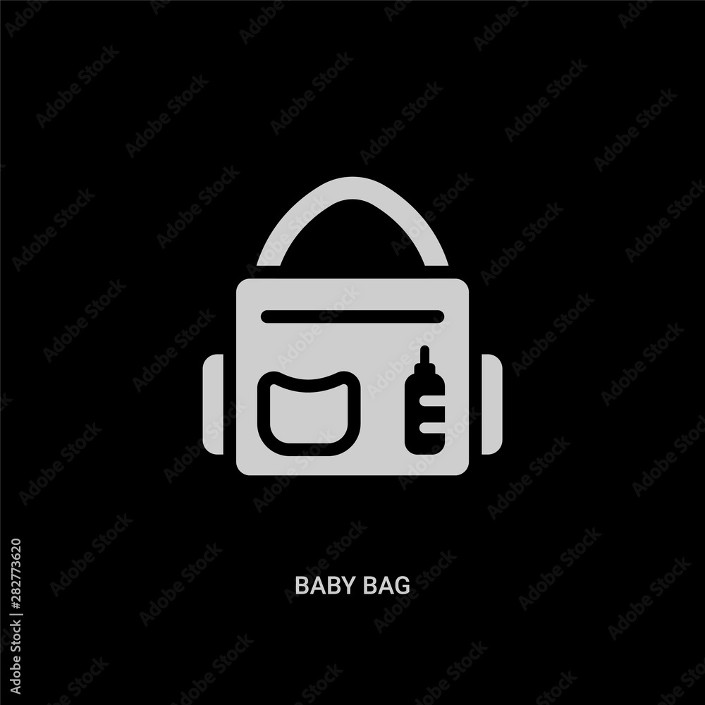 white baby bag vector icon on black background. modern flat baby bag from travel concept vector sign symbol can be use for web, mobile and logo. white baby bag vector icon on black background. modern flat baby bag from travel concept vector sign symbol can be use for web, mobile and logo.