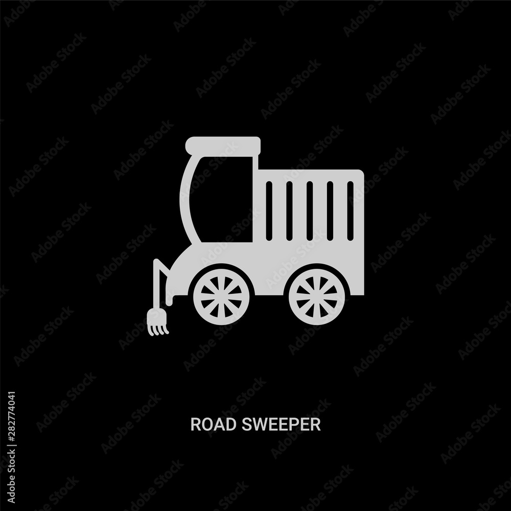 white road sweeper vector icon on black background. modern flat road sweeper from transport concept vector sign symbol can be use for web, mobile and logo. white road sweeper vector icon on black background. modern flat road sweeper from transport concept vector sign symbol can be use for web, mobile and logo.