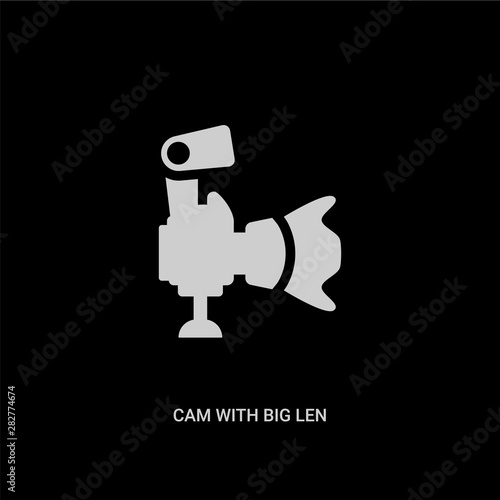 white cam with big len vector icon on black background. modern flat cam with big len from technology concept vector sign symbol can be use for web, mobile and logo.
