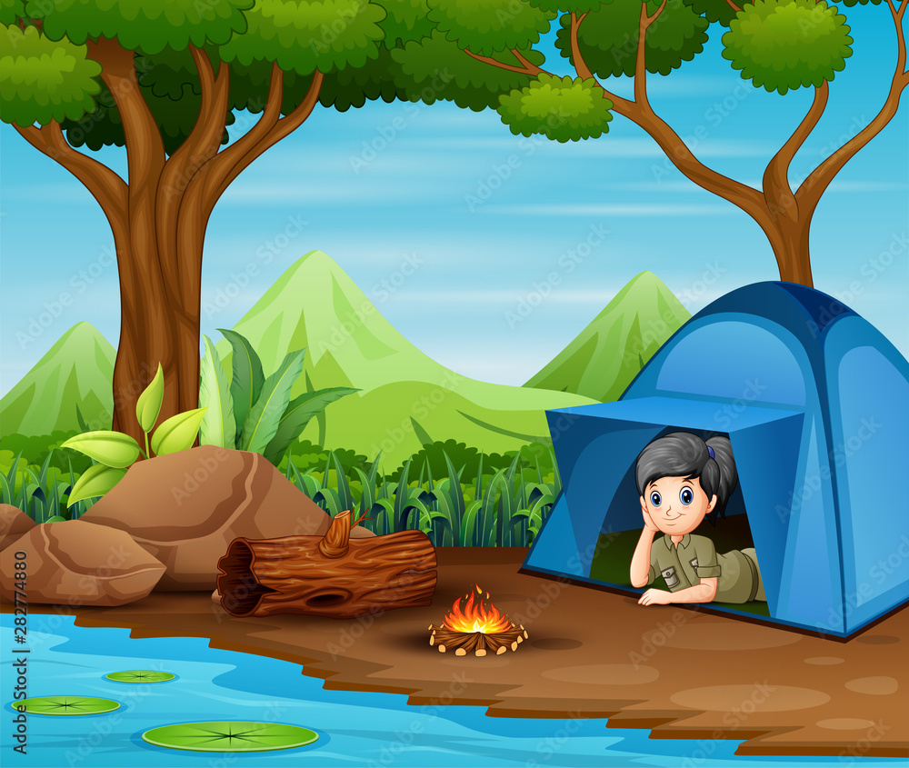Scout girl in blue tent and see the view around him Scout girl in blue tent and see the view around him