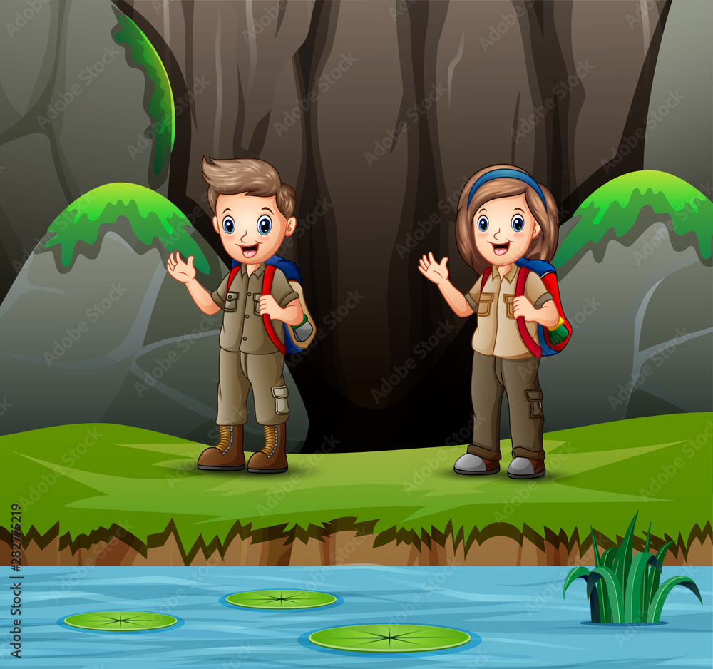 Cartoon boy and girl scout in nature Stock Vector | Adobe Stock