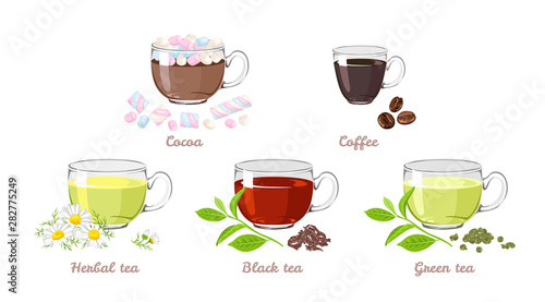 Set of hot drinks in glass cups isolated on white background. Vector illustration of cocoa with marshmallows, coffee, black and green tea, herbal chamomile tea in cartoon simple flat style.