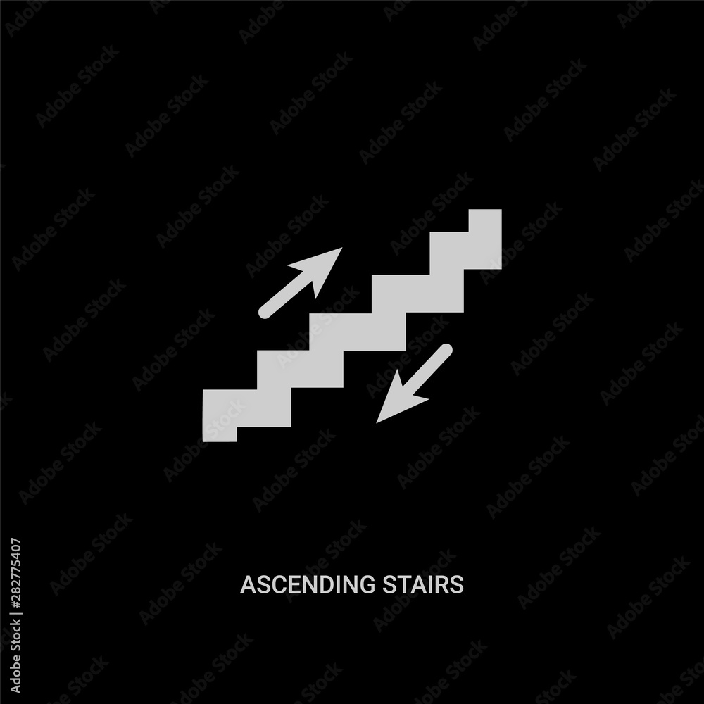 white ascending stairs vector icon on black background. modern flat ascending stairs from signs concept vector sign symbol can be use for web, mobile and logo. white ascending stairs vector icon on black background. modern flat ascending stairs from signs concept vector sign symbol can be use for web, mobile and logo.